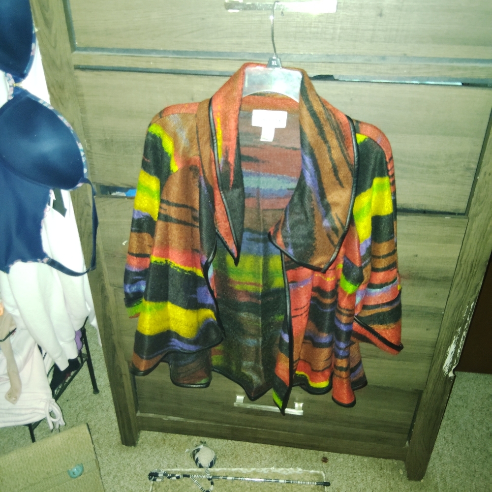 JOSEPH RIBKOFF 90's Watercolor Striped Shawl Sweater - Size 8 - Picture 4 of 7